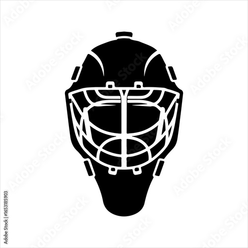 Black hockey goalie mask silhouette on white background helmet sport