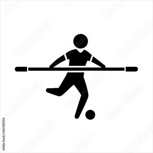 Black icon of a person playing foosball kicking a ball on a white background table football