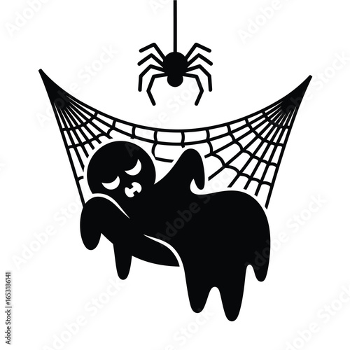 Spooky ghost caught in spider web silhouette isolated on white background