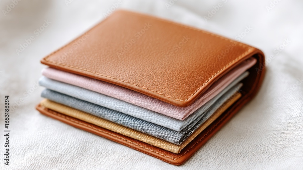 Fototapeta premium Leather wallet with five colored card slots on soft fabric background 