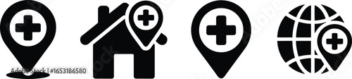 Set of medical location icons including pin house and globe with cross