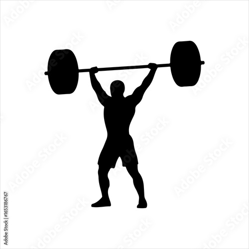 Black silhouette of a muscular man lifting a barbell overhead on white weightlifting weightlifter