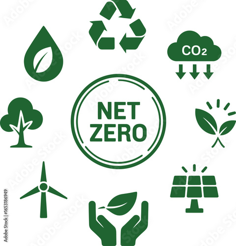 Net zero carbon emissions concept with environmental icons