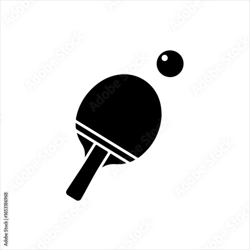 Black silhouette of a ping pong paddle and ball on white background table tennis sport