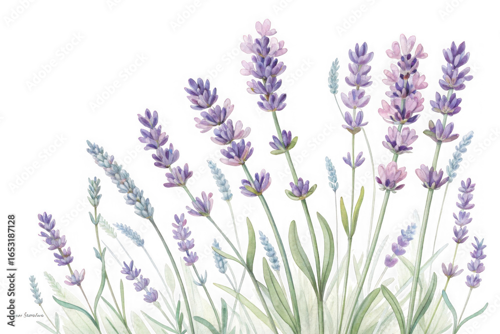 Obraz premium Delicate watercolor painting of lavender stems with soft purple flowers isolated on transparent background
