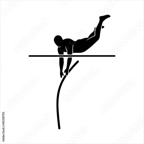 Black silhouette of a pole vaulter clearing the bar in mid-air athletics track and field