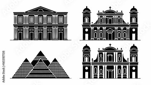 Illustration showing four different architectural structures in black and white silhouette style design