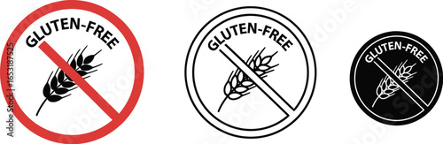 Three gluten free symbols in red black and white variations