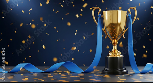 Celebrate your achievements with a stunning golden trophy, symbolizing success and victory amidst a shower of confetti.