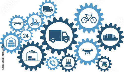 Logistics and supply chain management with transportation icons in gears