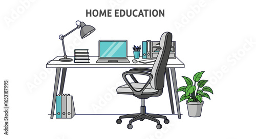 home education setup with a laptop and books on a desk showcasing a workspace designed for learning and productivity illustrating the concept of studying from home perfect for blog posts