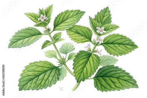 Detailed watercolor illustration of a fresh green lemon balm plant with small white flowers isolated on transparent background