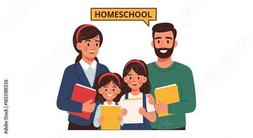 Homeschooling family loving parents teaching two young daughters with books and smiles at home illustrating education support and family togetherness for blog content and educational materials.