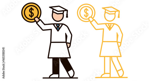 loan scholarship for graduates raising a golden dollar coin to pay education debt and improve financial future representing investment in knowledge and college funding programs