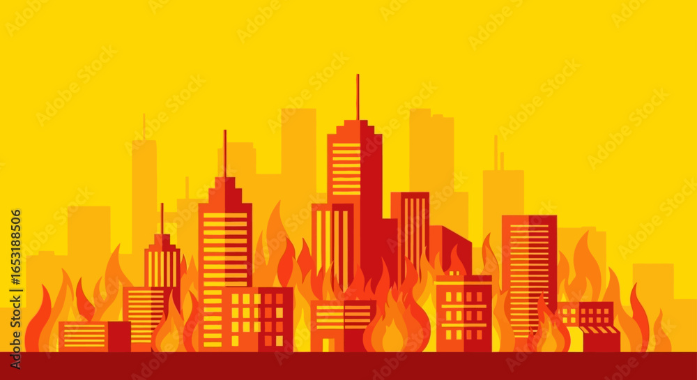 Fototapeta premium City on Fire – Dramatic stylized skyline engulfed in flames, vibrant red-orange hues on yellow backdrop, symbolizing urban disaster, crisis, awareness, or fictional storytelling