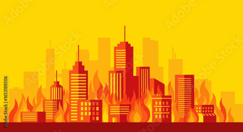 City on Fire – Dramatic stylized skyline engulfed in flames, vibrant red-orange hues on yellow backdrop, symbolizing urban disaster, crisis, awareness, or fictional storytelling