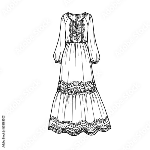 Line drawing of a long, embroidered dress with puff sleeves  vector illustration 
