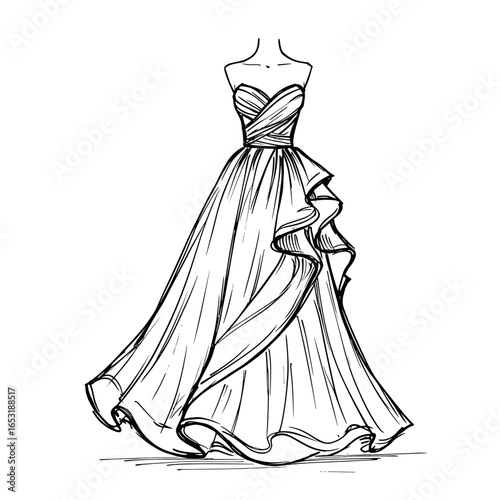 Elegant hand-drawn sketch vector illustration of ball gown with flowing skirt design  