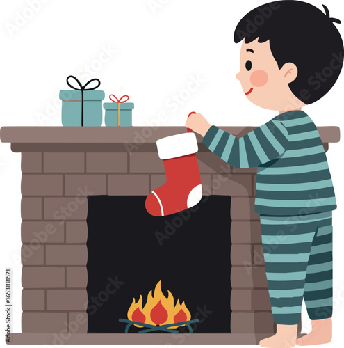 Boy Hanging Christmas Stocking on Fireplace with Gifts and Firelight Vector Illustration 