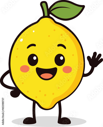 Cute Adorable Cartoon Character of Lemon, cheerful smiling joyful happy expression, isolated on white background, Popular fruits Cartoon design for kids