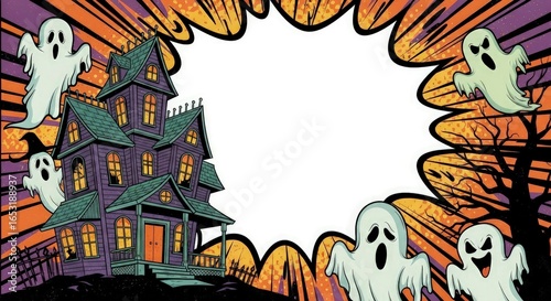 A spooky cartoon scene with a haunted house ghosts and a burstlike background