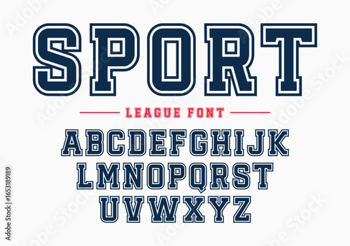Sport college classic font. Versity font in American style for T-shirt designs for football, baseball, and basketball teams. College, school and varsity style font, tackle twill. Vector