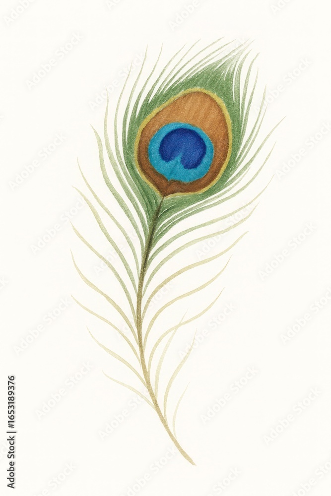 Fototapeta premium Single peacock feather with vibrant colors isolated on white background