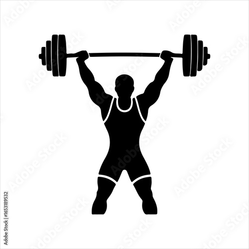 Silhouette of a weightlifter lifting a barbell overhead on a white background weightlifting