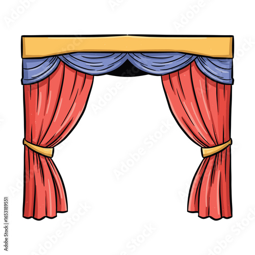 Red and blue stage curtains with gold details on a white background. Vector illustration