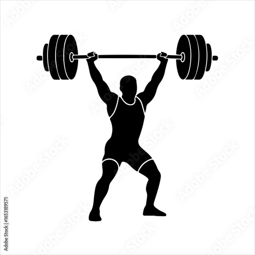 Silhouette of a weightlifter lifting a barbell on a white background strength power