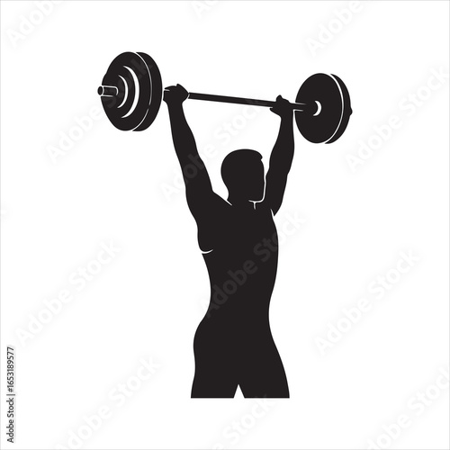 Silhouette of a weightlifter lifting a barbell overhead on white background weightlifting strength