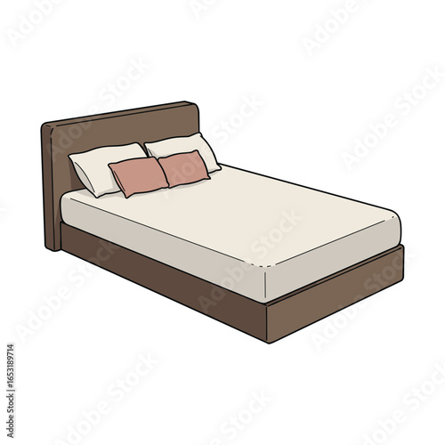 Modern minimalist bed with neutral tones and pillows. Vector illustration