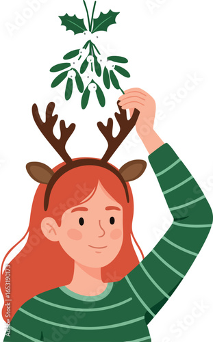 Girl with red hair wearing reindeer antlers holding mistletoe for Christmas celebration vector illustration 