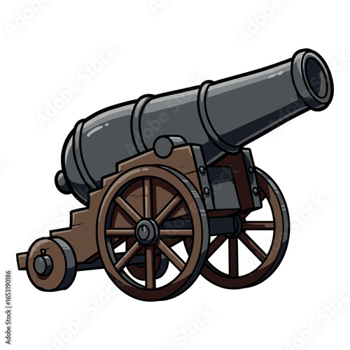 Vintage cannon on wooden carriage with iron wheels. Vector illustration