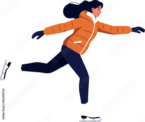 Woman ice skating in orange jacket and black pants winter activity vector illustration 
