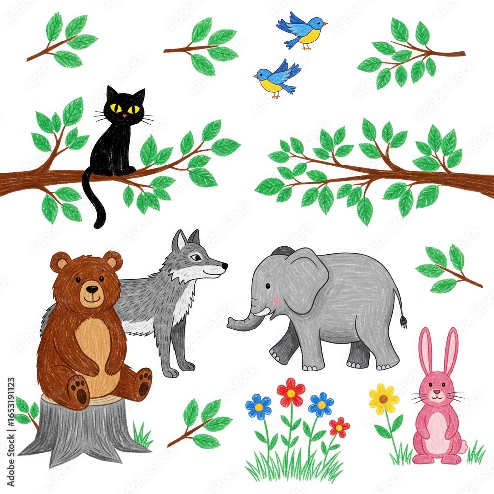 Naklejka premium A collection of forest animals including a cat, wolf, bear, and elephant