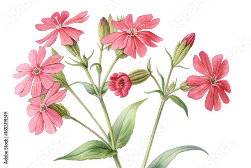 Delicate pink silene dioica flowers with green leaves isolated on transparent background