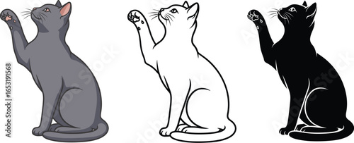 Three cat illustrations in gray outline and black on white