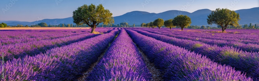 Naklejka premium A vibrant lavender field stretches under a clear sky, with rows of blooming flowers and distant mountains creating a serene landscape.
