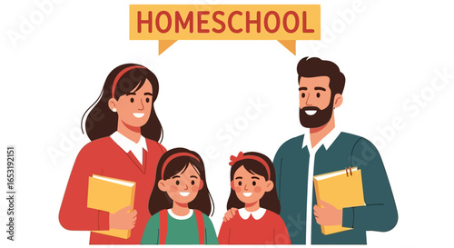 Homeschooling family with two daughters holding books learning together at home fostering education and family bonding perfect for illustrating homeschooling concepts and educational materials.