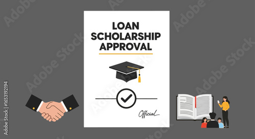 loan scholarship approval illustration an official document with a graduation cap symbolizing academic success and financial aid for students pursuing higher education ideal for educational content.