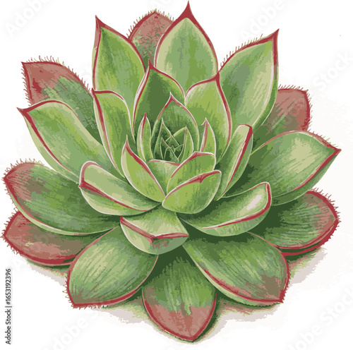 Detailed hyperrealistic illustration of a single green succulent plant with red edges isolated on white background