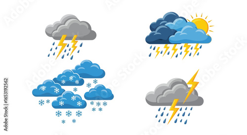 Vector illustration of collection of weather icons showing rain, snow, hail, and thunderstorms