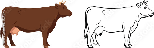 Illustration of a brown cow and a cow outline on white background
