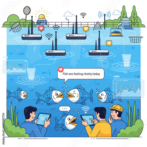 IoT-based fish farm monitoring illustration showing two men using tablets to monitor fish and water conditions with floating sensors and a water filtering system