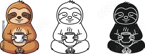 Three sloths meditating with coffee in color outline and black