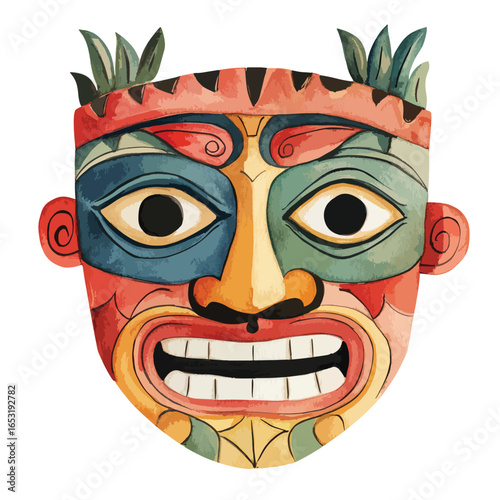 Vibrant Hand Painted Tribal Mask with Leafy Crown