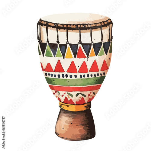 Vibrant HandPainted African Drum with Geometric Designs