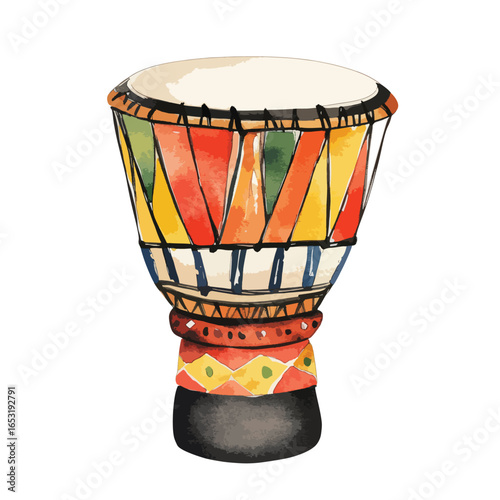 Vibrant HandPainted African Djembe Drum with Geometric Patterns