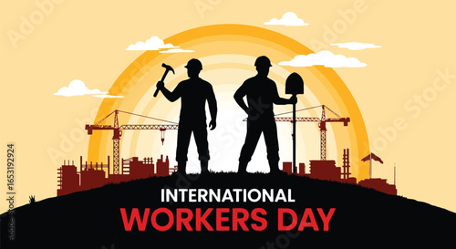Vector illustration of international workers day celebration with construction site silhouette